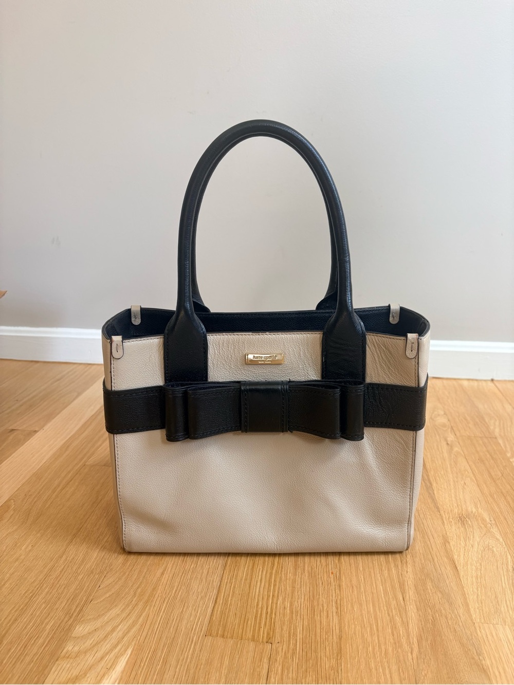 kate spade Cream and Black Structured Tote with Bow Detail